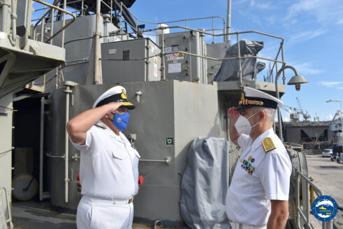 Rear Admiral Stefano Turchetto  meets the Force Commander Michail  D. Magkos   on board of the Hellenic Ship NAVARINON at the Greek base in Souda